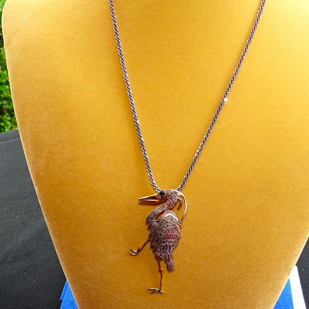 925 Sterling Silver Moveable Crane Necklace on 19" Chain 19.5g